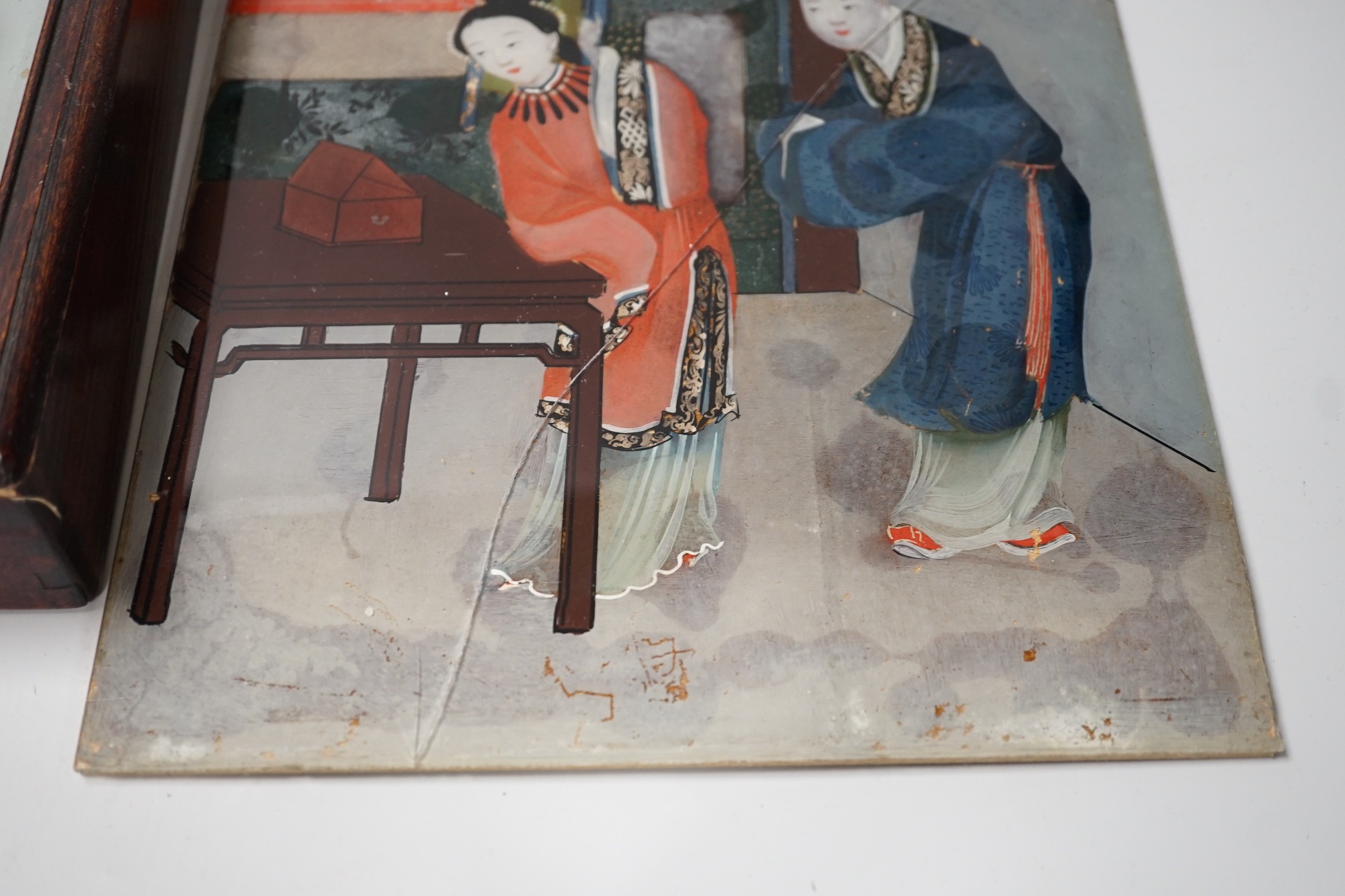 A Chinese reverse glass painting and a box cover with reverse painted glass panel